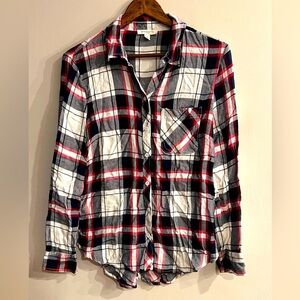 BEACHLUNCHLOUNGE Women’s Black White & Red Plaid Hi Lo Button Down Shirt Size S